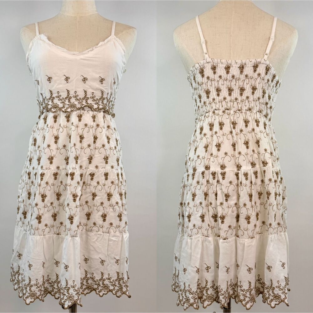 Jessica Simpson Strap White/Brown Embroidered Boho Eyelet Fairy Midi Dress Sz M